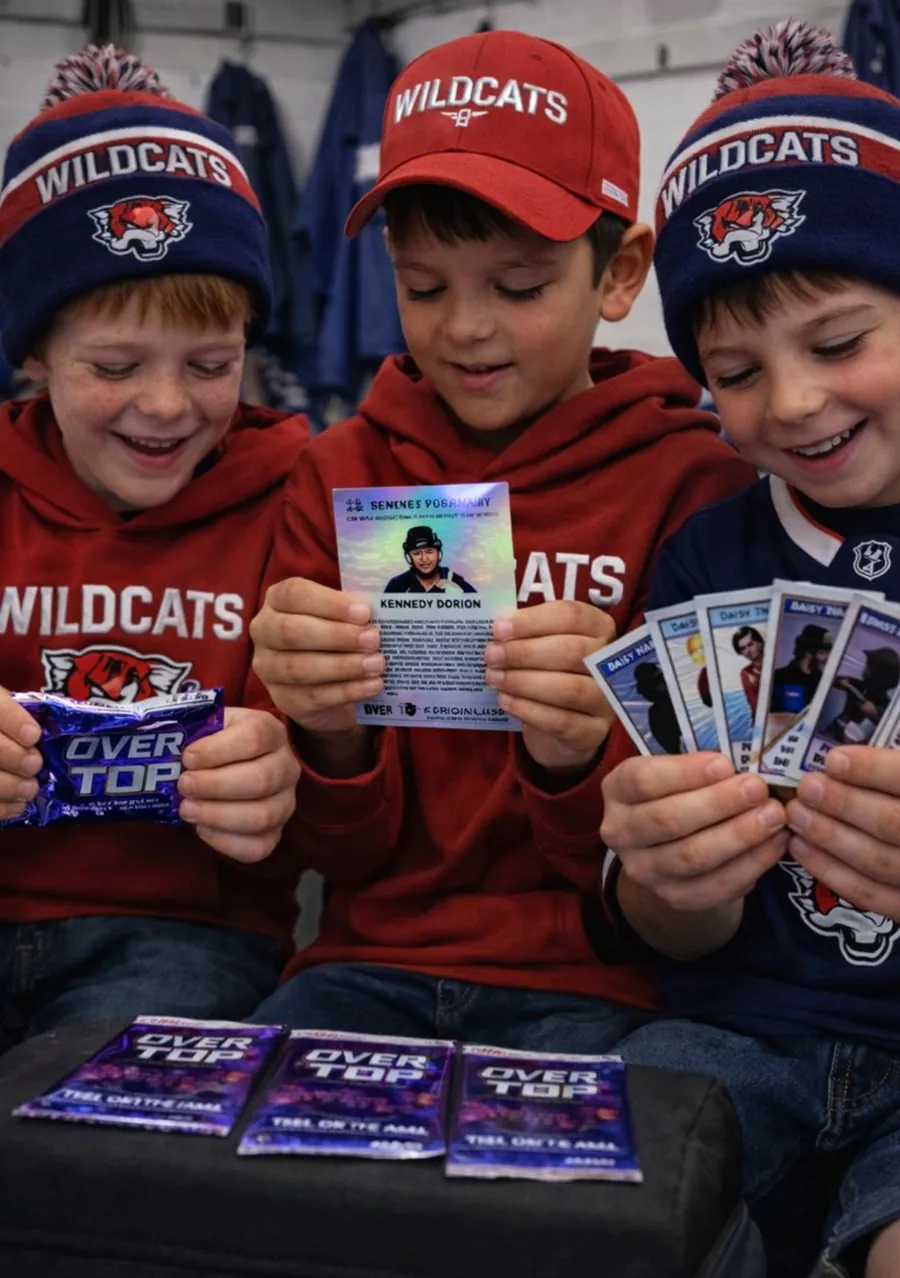 Three young hockey players in team jerseys grinning as they open their card packs
