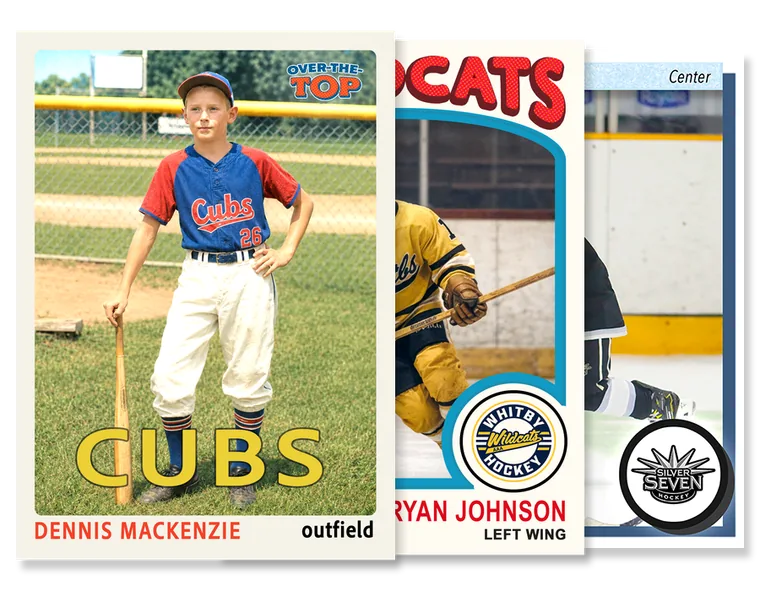 Retro insert cards designed in 1970s, 1980s and 1990s trading card styles