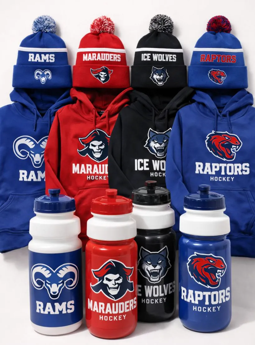 A pile of typical team merchandise: hoodies, toques and water bottles